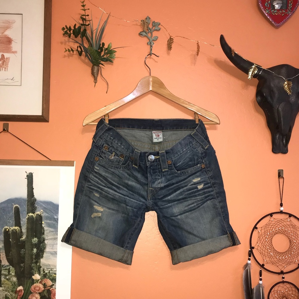 True Religion Riley Cuffed Distressed Denim Shorts